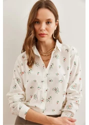 Olalook Tiny Floral Patterned Linen Women's Shirt - Coral Cuffed Gml- 19001248