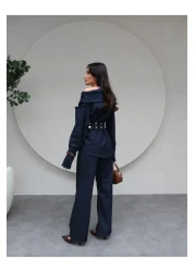 ESRAHELVACI Belted Asymmetrical Collar Denim Suit