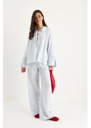 Bianco Lucci بدلة نسائية صيفية مخططة ذات أساور كبيرة ومفصلة من القطن 36471 60283357