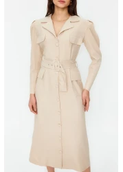  Modest Linen Look Button Woven Shirt Dress with Stone Belt Tctss24Eb00017