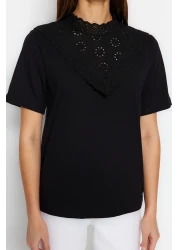  Collection Black Brodeled Stand Collar Basic Regular/Normal Fit Cotton Knitted Blouse Twoss23Bz00879