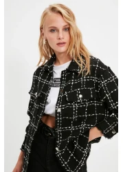  Collection قميص سترة منسوجة من التويد بجيب منقوش أسود TWOAW21GO0087