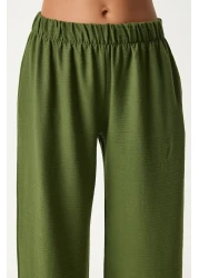 Happiness İstanbul طقم قميص وبنطلون كتان كاكي - جيب عريض FN03205