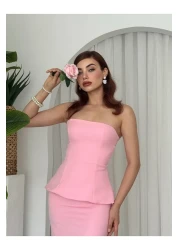 Julidress Pink Strapless Neckline Maxi Long Length Premium Bottom Top Set