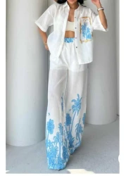 Butik Şenel Palm Printed Linen Shirt Pants Set