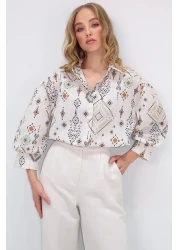 Trend Alaçatı Stili قميص نسائي من الكتان المنسوج بنمط عرقي باللون البيج والبني ALC-X10396