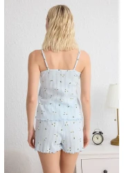  Collection Blue 100% Cotton Floral Pointel Openwork/Hollowed Out Shorts Knitted Pajamas Set Thmss25Pt00082