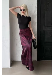 Madmext تنورة طويلة من الساتان المزخرف باللون العنابي للنساء Mg2333