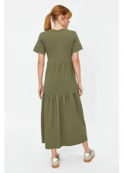  Collection فستان تي شيرت طويل محبوك بأكمام قصيرة كاكي TWOSS24EL00132