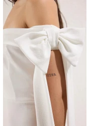  Collection White Body Fitted Shoulder Bow Detail Knitted Stylish Evening Dress Night Graduation Dress Tprss25El00293