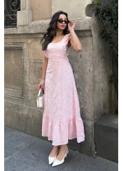 ASEDE تفاصيل أربطة الظهر، تصميم خاص، رقبة مربعة، مبطنة، حزام، 100% قطن، فستان مطرز