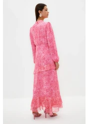  Modest Pink Floral Skirt Ruffled Lined Woven Chiffon Dress TCTSS23EB00160