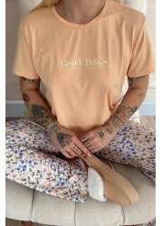 Pijamaevi Peach Good Times Patterned Short-Sleeve Knitted Women's Pajamas Set
