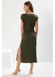  Collection Khaki Straight Drawstring /Drape Midi Drawstring Drape Detail Double Breasted Neckline Knitted Dress Twoss25El00098