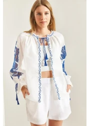 Bianco Lucci Women's Lapel Collared Embroidered Casual Shirt