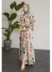 InStyle Oval Geometric Patterned Patchwork Green Dress