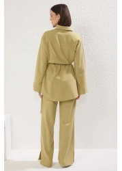  Modest Khaki Linen Blended Mother of Pearl Button Woven Bottom-Top Set Tctss25Us00028
