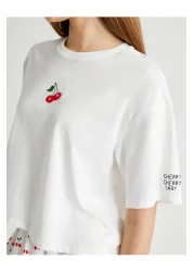 Koton Tuba Unusal - Cotton Short Sleeve T-Shirt, Cherry Embroidery Detail, Crew Neck