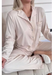 Pijamaevi طقم بيجامة نسائي بأكمام طويلة وأزرار أمامية من دبلن باللون البيج الفاتح