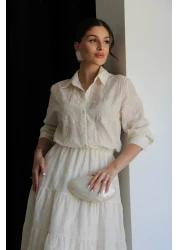 Julidress فستان طويل مميز مطرز باللون الكريمي مع خصر مطاطي