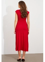 Cool & Sexy فستان متوسط ​​الطول بزر أحمر مزدوج الصدر للنساء EY0011