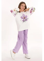 zepkids Floral Printed Ecru Lilac Color Girl's Tracksuit Set