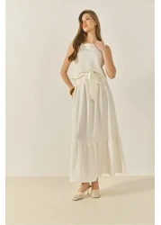 Bianco Lucci بلوزة نسائية بحزام سميك مع تنورة طويلة فضفاضة بدلة صيفية مزخرفة من الأسفل إلى الأعلى 9329 60281045