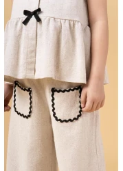 Magu Girl's Linen Beige Bow Flounce Long Pants Double Set