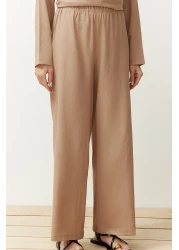  Modest Beige Asymmetrical Woven Tunic Trousers Top and Bottom Set TCTSS24US00074