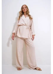 Trend Alaçatı Stili سترة وسترة علوية مجعدة بلون كريمي - ALC-X12433