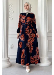 InStyle فستان من الفسكوز البرتقالي بنمط أوراق مموجة