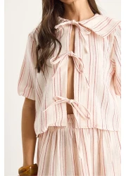 Bianco Lucci Women's Striped Muslin Tie Front Collar Blouse Flounced Skirt Bottom-Top Set 4011 60283424