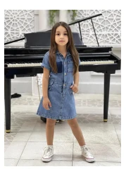 yns coolstar فستان بناتي من NEW SEASON بجيب أمامي وأزرار وأكمام قصيرة من قماش الدنيم القطني