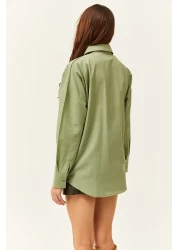 Olalook قميص نسائي كبير الحجم باللون الأخضر المولد مع تفاصيل جيب أساسي GML-19001167
