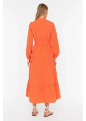  Modest Orange Belted Prevailing Collar Button Detail Woven Dress TCTSS21EL3343