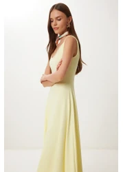 Happiness İstanbul Women's Yellow Strap Summer Ribbed Knitted Midi Dress Dz00130