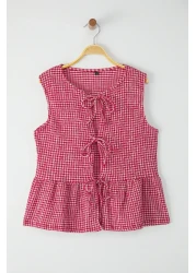  Collection Red Gingham Pattern Binding, Just Like Sleeveless Stretchy Knitted Blouse