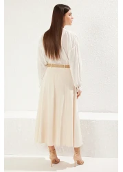 Collection تنورة طويلة منسوجة من الكتان بطول ماكسي على شكل حرف A مع تفاصيل حزام بيج TWOSS25ET00071