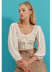 Trend Alaçatı Stili Women's Ecru Oval Collar Front Lace Up Linen Blocked Crochet Blouse ALC-X9196