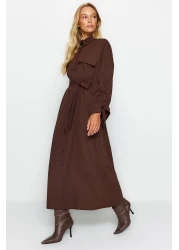  Modest Brown Belted Sleeves Adjustable Detail Button Cotton Woven Shirt Dress Tctss23Eb00365
