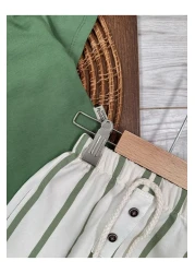 Lino Baby Summer Combination Striped Shorts and Hat Plain T-Shirt Shoulder Snap Fastener Baby Boy Set