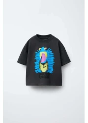 Magu Boys' Cotton Black Lion Printed T-Shirt and Striped Pants Set