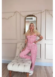 Pijamaevi Rouge Gingham Patterned Bamboo Front Button Thick Strap Pajama Set