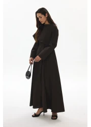 Hooopstore فستان بني من البوبلين مع تفاصيل عباءة متدفقة