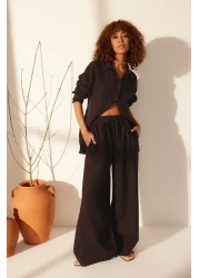  Collection Brown 100% Linen Elastic Waist High Waist Extra Pants Twoss24Je00251