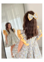 Sare Çocuk Giyim Girl's Yellow Floral Shoulder Puffy Princess Special Design Dress (100% Cotton) + Buckle