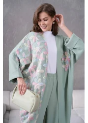 Miss Allos Women's Front Tulle Floral Embroidered Stone Detailed Linen Kimono and Pants Bottom Top Set