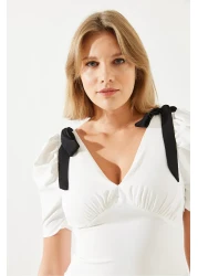 Bianco Lucci فستان نسائي متوسط الطول بياقة على شكل حرف V وأكمام قصيرة مزين بفيونكة 60251279