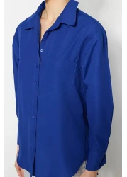  Collection قميص منسوج من القطن بجيب واحد باللون الأزرق الداكن/قميص واسع مقاس TWOAW20GO0115