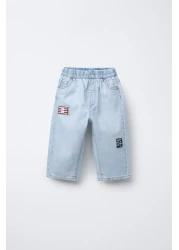 Magu Boys' Cotton Striped London Letter T-Shirt and Embroidered Jean Set